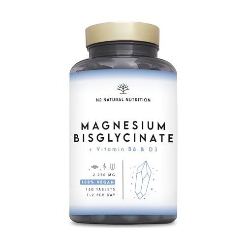 Magnesio Bisglicinato 2250 mg, 450mg de Magnesio Elemental + B6 + D3 Reduce el Cansancio y la Fatiga. 150 Comprimidos divisibles de Alta Absorción, hasta 5 Meses de Suministro. N2 Natural Nutrition.