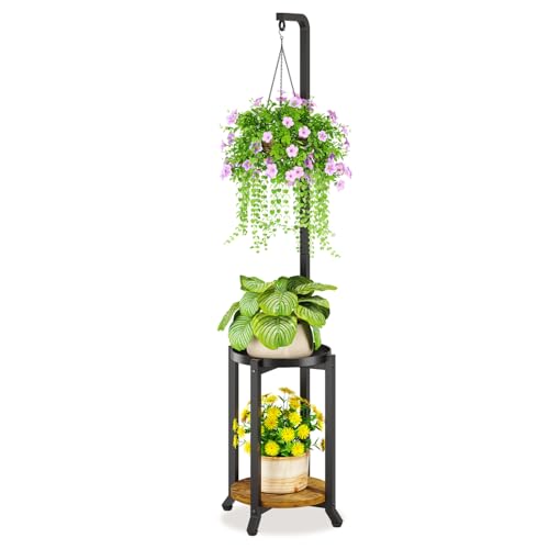 LASZOLA Hanging Plant Stand Holder Indoor Outdoor Tall, 2 Tier Black