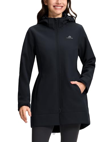 Pioneer Camp Women's Softshell Jacket with Removable Hood Fleece Lined Waterproof Windbreaker Insulated Long Rain Coat, Black, X-Large