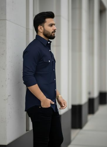 Image of DEELMO Men's Classic Cotton Blend Slim Fit Shirt || Full Sleeve Button-Down Casual Shirt with Dual Flap Pockets || Soft Breathable Fabric || Ideal for Office Party and Everyday Wear