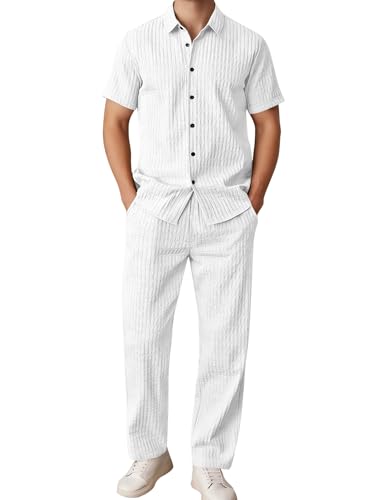 LecGee Big and Tall Suits For Men 2 Piece Outfits All White Shirts and Casual Loose Pants Beach Vacation Sets(White,3X-Large)