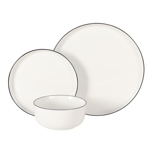 Image of Gibson Home Oslo 12-Piece Porcelain Dinnerware Set - Dinner Plates, Salad Plates & Bowls, Classic White With Black Rim Everyday Dish Set for Home, Kitchen, Microwave & Dishwasher Safe