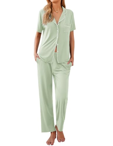 Image of Ekouaer Womens Pajamas Set Short Sleeve Button Down Top & Pants Lounge Pjs | Soft Sleepwear with long pants, ideal for Home relaxation, Wedding, Party, Daily Wear & Breastfeeding