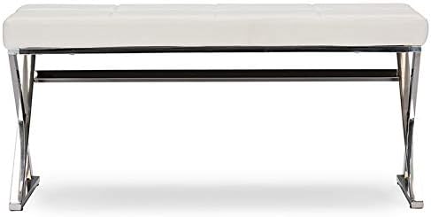 Herald White Faux Leather and Stainless Steel Rectangular Bench