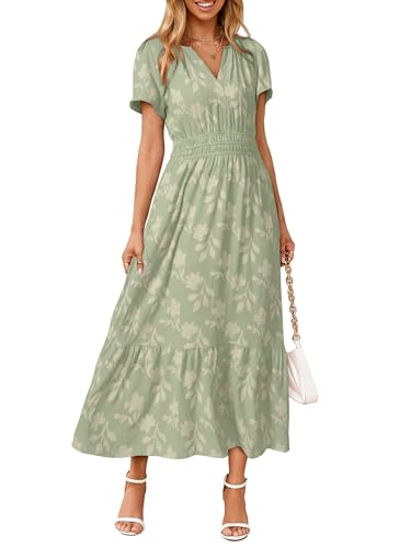 Image of Simplee Womens Summer Boho Maxi Dress Semi Formal Wedding Guest Short Sleeve V Neck Empire Waist Floral Long Dresses