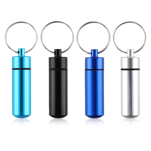 4 Pièces Boîte à Pilules Petite avec Porte-Clés - Mini Organiseur de Pilules Portable en Métal, Boîte à Pilules Étanche, Distributeur Quotidien, pour...