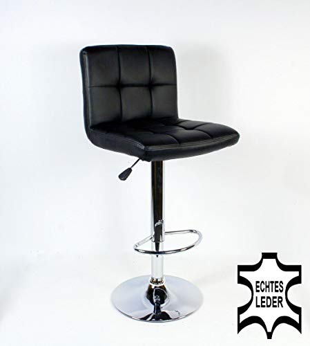 Qubeat Taburete de Bar Negro Cuero Real Giratorio Ajustable en Altura Acolchado
