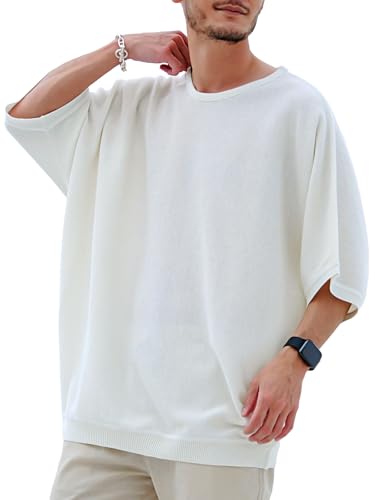 SILVER BULLET サマーニット メンズ ニット セーター ミラノリブ 半袖ニット 大きいサイズ Tシャツ ドルマンスリーブ ドルマンニット 無地 薄手 シンプル ユニセックス ファッション CavariA キャバリア CASS22-01【-】 (44(M), NAT(ナチュラル))の商品画像（Amazon）