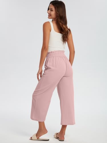 Les umes Womens Cropped Cotton Pants Elastic Waist Wide Leg Capris Casual Summer Trousers with Pockets4