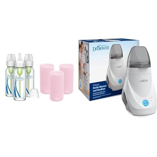Dr. Brown's Anti-Colic Options+ Narrow Glass Baby Bottles 8oz and Level 1 Slow Flow Nipple, 3-Pack 0m+ and Pink Silicone Sleeves and Deluxe Bottle Warmer/Sterilizer for Formula, Milk, and Jars