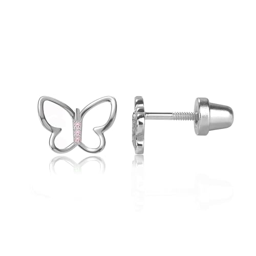 Cherished Moments Children's Sterling Silver Butterfly Screw Back Earrings with Pink or Rainbow CZs for Babies, Little Girls, Kids and Toddlers