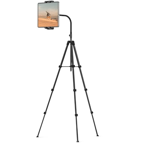 Cenawin Trépied pour tablette, hauteur réglable de 190,5 cm, support de sol pour tablette en col de cygne, support de sol avec trépied rotatif à 360° pour iPad Pro Air Mini 4,7-13,5'
