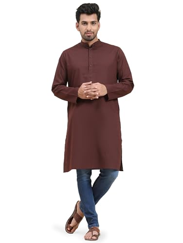 Image of SKAVIJ Mens Cotton Casual Wear Modern Kurta Shirt for Everyday Use Yoga Outfit Brown X-Large