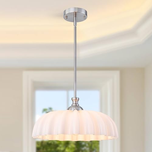 Image of 16 inch Milk Glass Pendant Light Vintage Flower Modern Brushed Nickel Chandelier