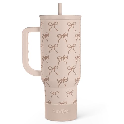Image of SANDJEST Bow Tumbler with Handle and Straw 40oz - Stainless Sleel Slider Tumbler Travel Coffee Mug for Women - Gift Idea for Birthday Christmas