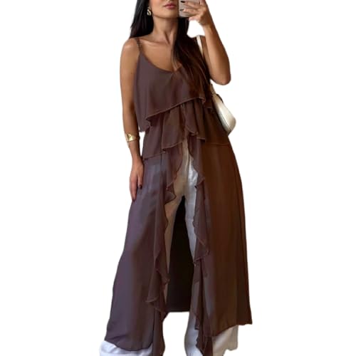 Women Split Front Ruffle Flowy Long Cami Shirt Sleeveless Backless Spaghetti Strap Layer Chiffon Maxi Tank Top
