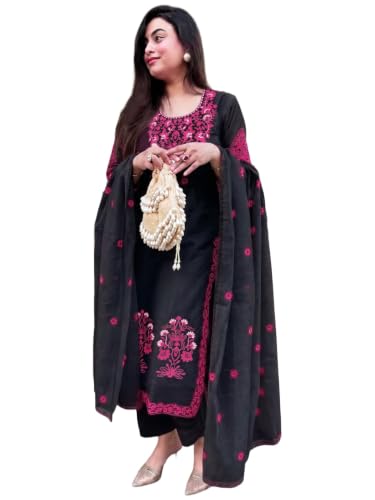 Image of GoSriKi Kurta Sets for Women Viscose Embroidered | Kurta Pant Dupatta Set | Straight Kurti Set for Women | Round Neck 3 /4 Sleeve Ethnic Suit | Designer Indian Kurti Outfit with Pants