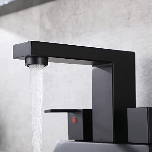 Friho Matte Black 4 Inch Bathroom Faucet, Lavatory Basin RV Bath Vanity 2 Handle Centerset Bathroom Sink Faucets for 3 Hole with Water Hoses and Pop up Drain