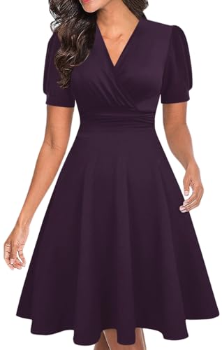Image of Women's Summer Casual Dress Short Sleeve Wrap V-Neck A-Line Dress Sundress Wedding Guest Cocktail Midi Dresses