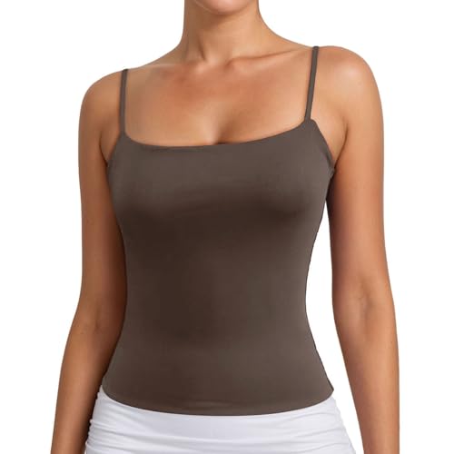 Camiseta de tirantes para mujer, sin mangas, para verano, informal, ajustada, básica, lisa, para uso diario, ropa de vacaciones, con vaqueros, marrón, M