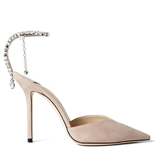 Image of LauraVicci Women's Heeled Sandals Crystal Chain Ankle Straps Rhinestones Buckle High Heels Stiletto Slip On Wedding Party Satin Dress Shoes