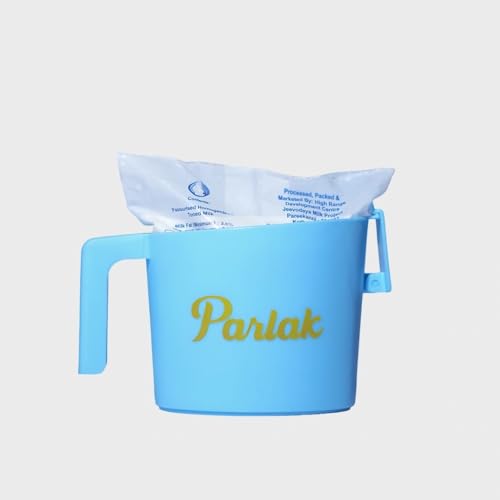 Image of Milk and Oil Packet Holder, Black Plastic Kitchen Organizer with Handle, Cylindrical Spill-Proof Pouring Container (Blue, Small)