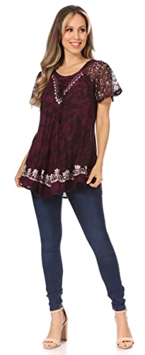 Image of Sakkas Ash Speckled Tiedye Embroidered Cap Sleeve Blouse Top with Embroidery Hems