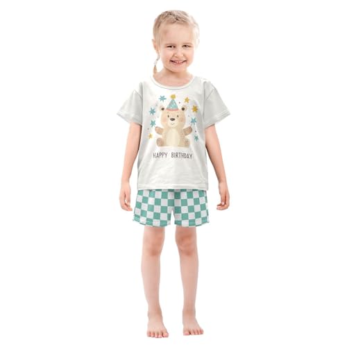 Checkerboard Plaid Bear Holding Stars Ivory Pajama Set Short Sleeve Summer Pajamas Shorts Sets PJ Clothes Set Soft 5Y3