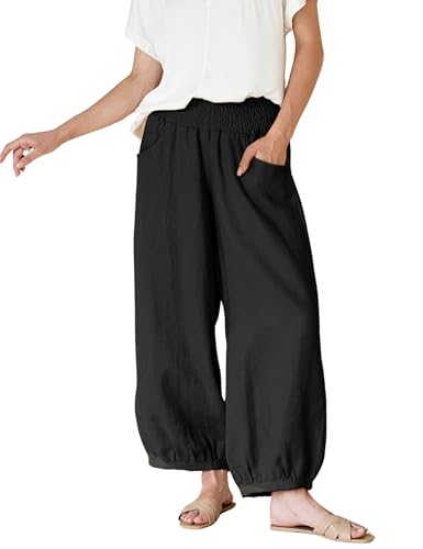 Xiaoxuemeng Womens Wide Leg Pants Cotton Linen Barrel Pants Elastic Waisted Lounge Trousers with Pockets