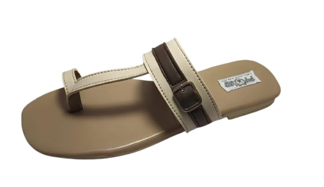 women's t-strap toe ring flat sandals, cream & brown