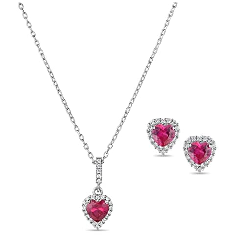 Scienza Sweetheart Stud Earrings and Necklace Set – White & Red Heart Necklace & Cubic Zirconia Earrings – Cubic Zirconia Jewelry Set – Heart Jewelry for Women Cover