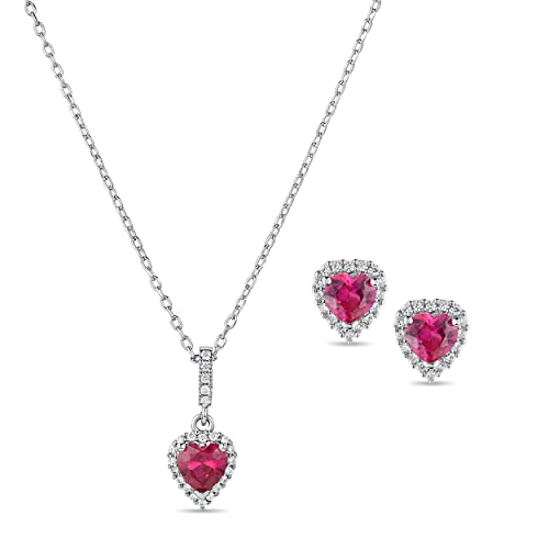 Scienza Sweetheart Stud Earrings And Necklace Set – White & Red Heart Necklace & Cubic Zirconia Earrings – Cubic Zirconia Jewelry Set – Heart Jewelry For Women #TOP30