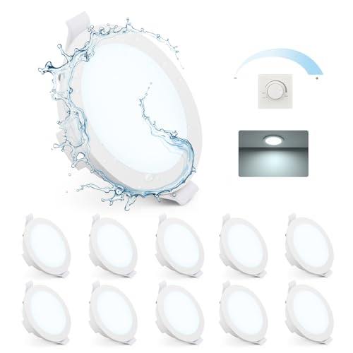 Gr4tec Focos LED Interior Techo Regulable, 6W Downlight LED Techo Empotrable Blanco Fría 6500K 400LM, Ojos de Buey led Ultradelgado 35mm, Agujero 68-80mm, IP65 Focos Interior para Baño Cocina, Pack 10
