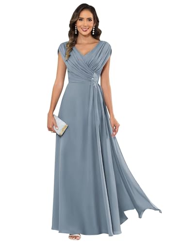 Modest Mother of The Bride Dresses for Women V Neck Cap Sleeve A Line Corset Back Appliqued Long Formal Gown
