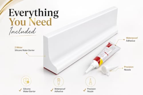 Image of Shower Water Barrier 1M, Silicone Shower Threshold Water Dam with Adhesive, Bathroom Floor Water Stopper for Shower Door, Kitchen & Pet Wash Areas, White