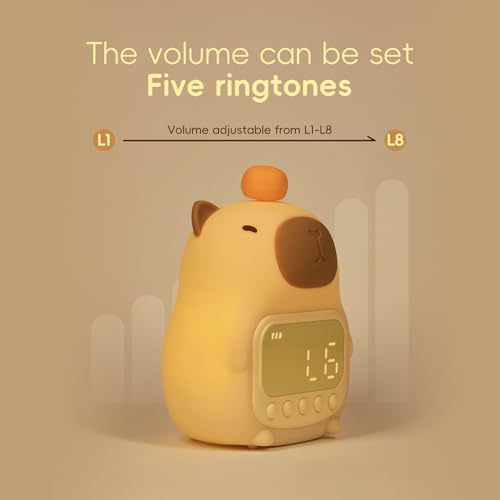 Image of Capybara Alarm Clock with Night Light for Kids, Cute Toddler Alarm Clocks for Bedrooms Ok to Wake Clocks for Girls and Boys, Silicone Animal Tabletop Lamp for Kid, RGB Color