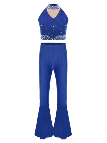 easyforever Kids Girls Sparkly Rhinestone Mock Neck Ballet Dance Crop Tops and Tassel Bell Bottom Pants Set Dancewear Blue 12 Years