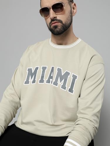 Image of Maniac Mens Miami Printed Round Neck Beige Fullsleeve Cotton Oversized T-Shirt