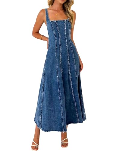 utcoco Jean Dress for Women 2025 Vintage Sleeveless Slim High Waist Frayed Raw Long Maxi Denim Dresses (Large, Dark Blue)
