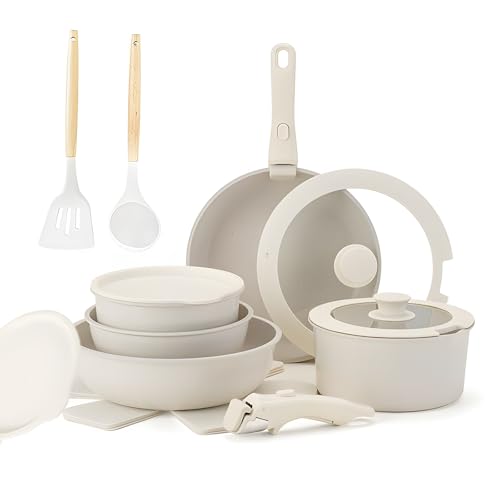 Pots & Pans Set with Detachable Handle 17pcs Induction Hob Pans Cooking Pots for Camping Nonstick Kitchen Saucepan & Frying Pans Set, Aluminum Stackable RV Cookware Set for All Stoves Oven
