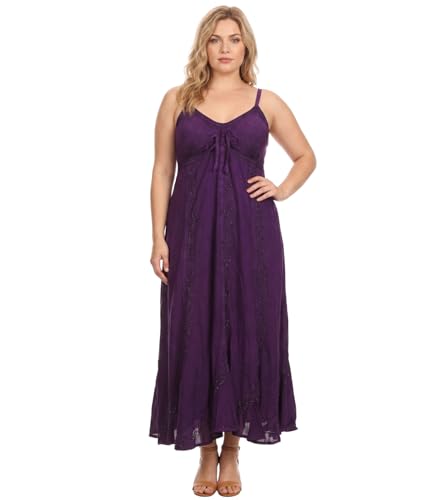 Image of Sakkas Allie Stonewashed Embroidered Adjustable Spaghetti Straps Long Dress
