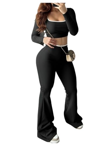 Verdusa Women's 2 Piece Outfits Cropped Long Sleeve Tops with Flare Pants Going Out Sets Black X-Small