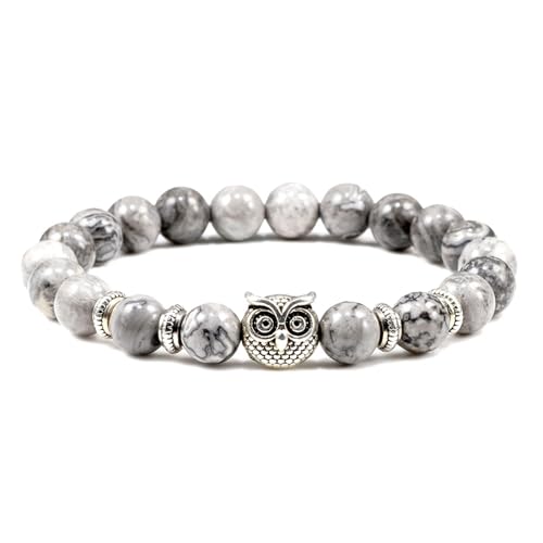Bracelet pierres cristallines 8mm blanches et hibou authentique pour hommes