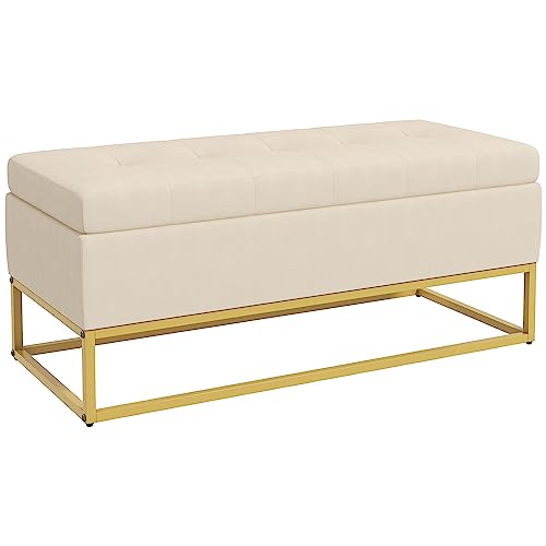 HOMCOM Panca Contenitore Rettangolare con Seduta Imbottita e Gambe in Acciaio, Pouf Poggiapiedi in Velluto per Camera da Letto e Soggiorno, 110x44x49 cm, Beige