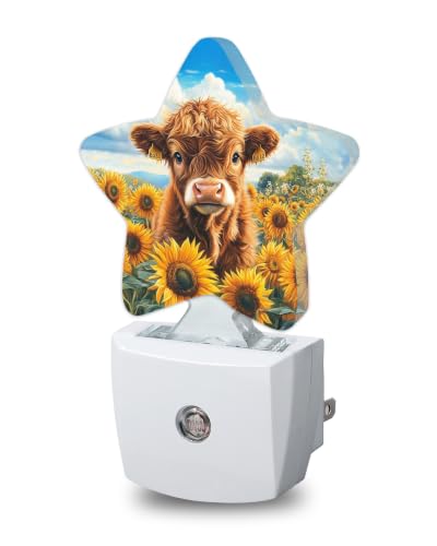 Image of Highland Cow Star Night Light Plug in, Decorative Night Light for Kids Room Nursery Bedroom, Soft Glow Sensor Lamp for Hallway Bathroom, Compact Energy Saving