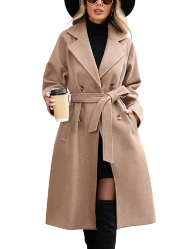 CMTOP Mantel Damen Lang Elegant Zweireihiger Trenchcoat Damen Revers Doppelreihiger Windjacke Warme Klassische Übergangsmantel Langer mit Gürtel und Tasche für Frühling...