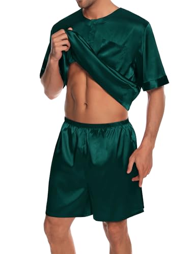 SWOMOG Men Satin Pajamas Set Short Sleeve Silk Sleepwear Button Down 2 Piece Loungewear with Pockets2