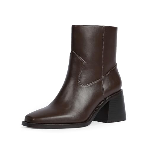Easyfox Ankle Boots for Women Square Toe Brown Heel Booties Chunky Heel Short Chocolate Brown Boots Low Heel Dress Booties for Women Cute Heeled Fall Boot Size 8