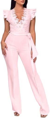 Image of PaladMom Womens Elegant Plus Size Jumpsuits Sexy Back zipper Short Sleeve Mid Waist Wide Leg Straight Rompers