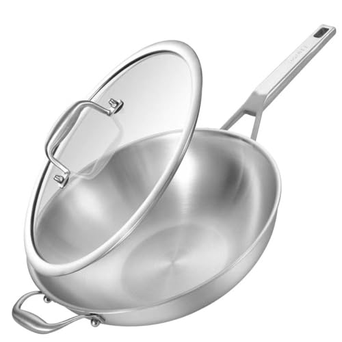 Image of Inqibee 13 Inch Stainless Steel Wok with Lid, Induction Compatible Stir Fry Wok Pan, Long Handle & Helper Handle, Tri-Ply Construction, Works on All Stovetops, Oven & Dishwasher Safe